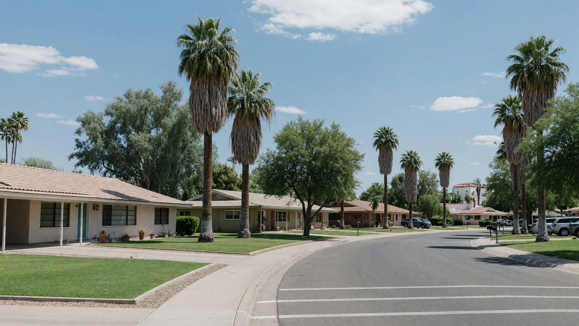 Golden hour view of historic Litchfield Park, Arizona, with palm-lined avenues, Spanish colonial revival buildings, and the Wigwam resort in the distance