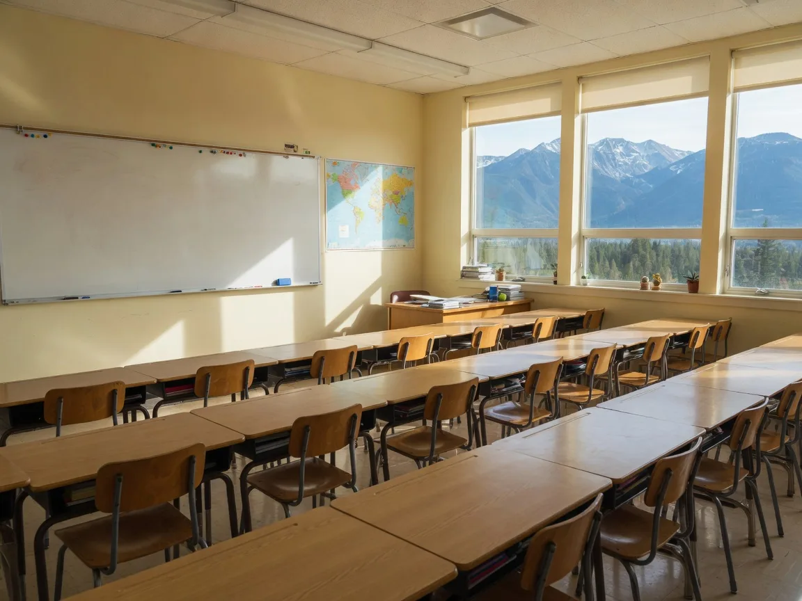 Bright middle school classroom with rows of desks and windows with mountain views