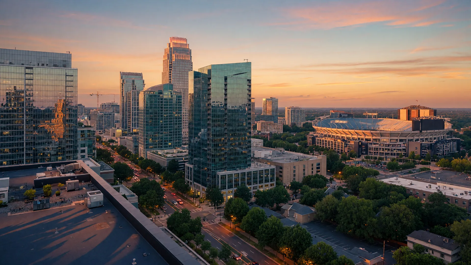 Charlotte NC skyline at golden hour with modern glass towers and Bank of America Stadium visible against a warm sunset sky