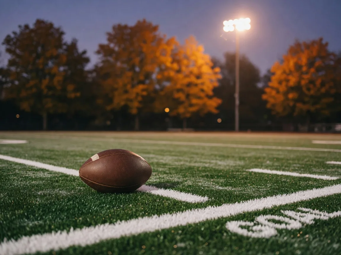 A football resting on the striped synthetic turf of a high school stadium at dusk with an autumn tree line and a softly glowing floodlight in the background
