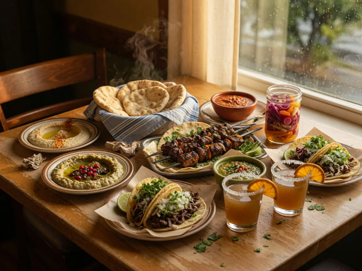 A cozy restaurant table in Gresham with Lebanese and Mexican dishes, fresh pita, and small plates