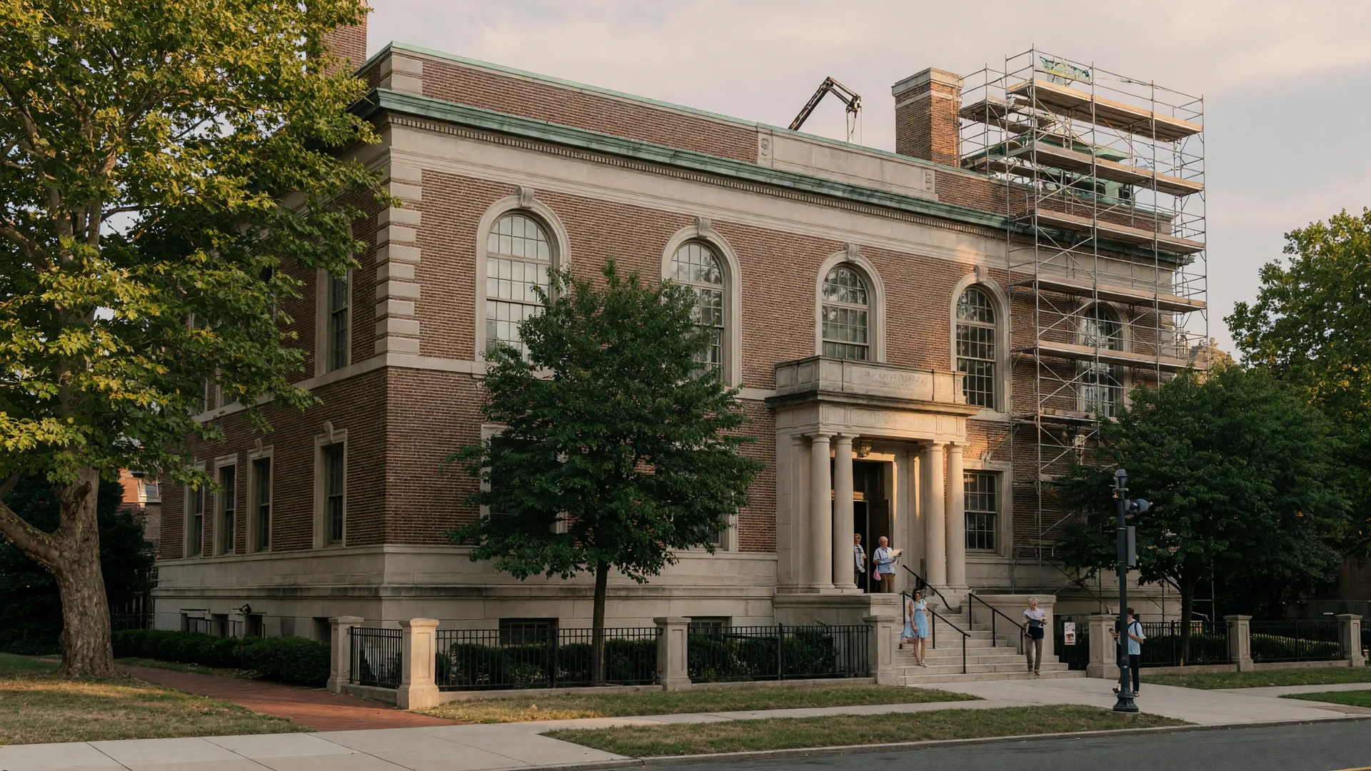 The Montclair Public Library main branch on South Fullerton Avenue,a brick and limestone civic building with tall arched windows along the roofline