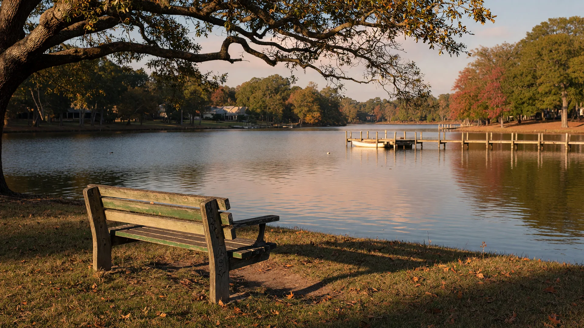 A wooden bench under a live oak beside calm Lake Murray water near Irmo, South Carolina at golden hour