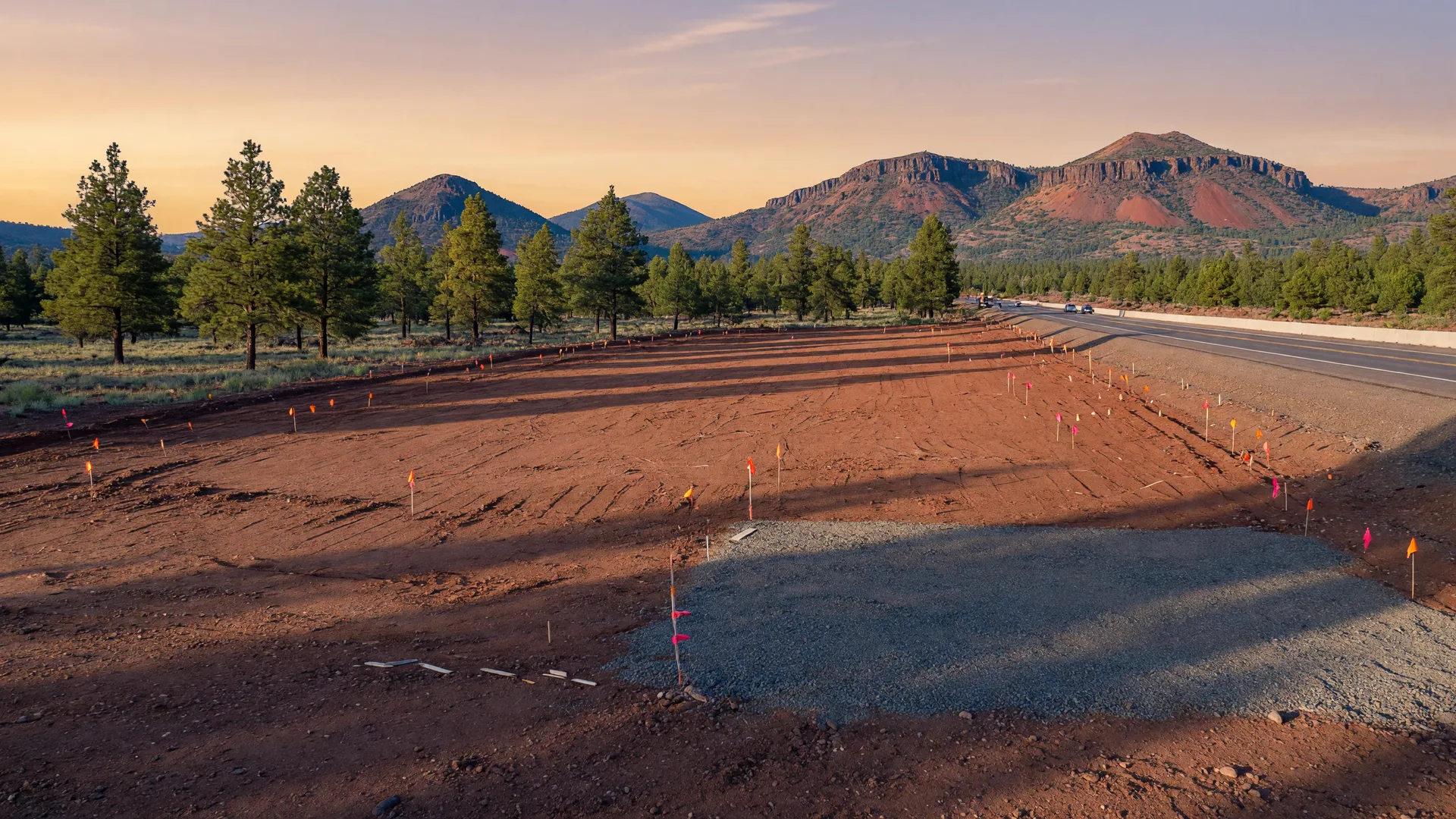 Graded commercial land parcel beside a Northern Arizona highway with ponderosa pines on the horizon