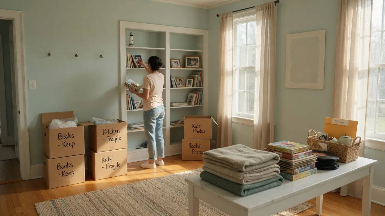 A bright, airy living room with wood floors, partially packed moving boxes in a neat stack, and warm natural afternoon light in a Florida home