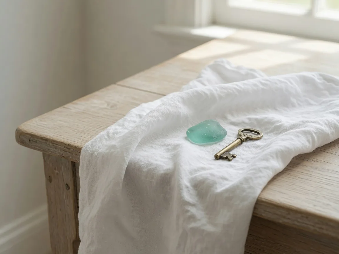 Softly rumpled white linen with a piece of pale sea-teal sea glass beside a brass key on a weathered oak table