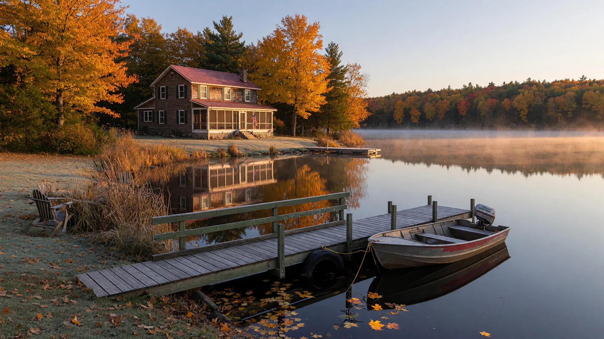 Autumn Minnesota lake home with golden foliage reflecting in calm water and a wooden dock with a small boat