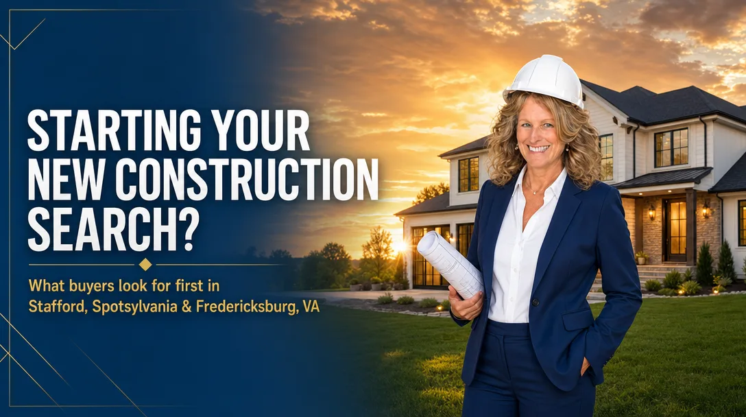 Starting your new construction search? Branded hero graphic featuring Barbara Jennings in a hard hat in front of a new home at sunset