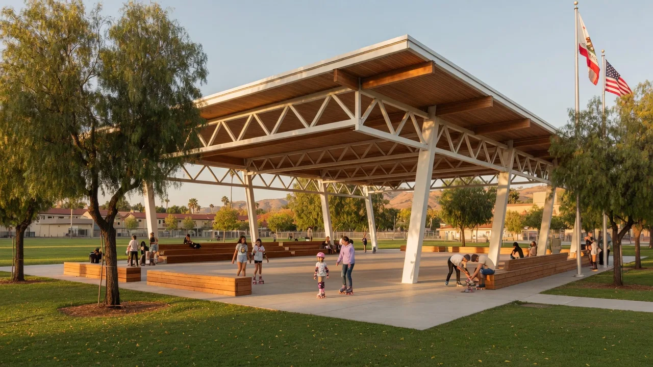 The modern covered roller-skating Rink Sports Pavilion at a Santa Clarita community sports complex on a golden October afternoon