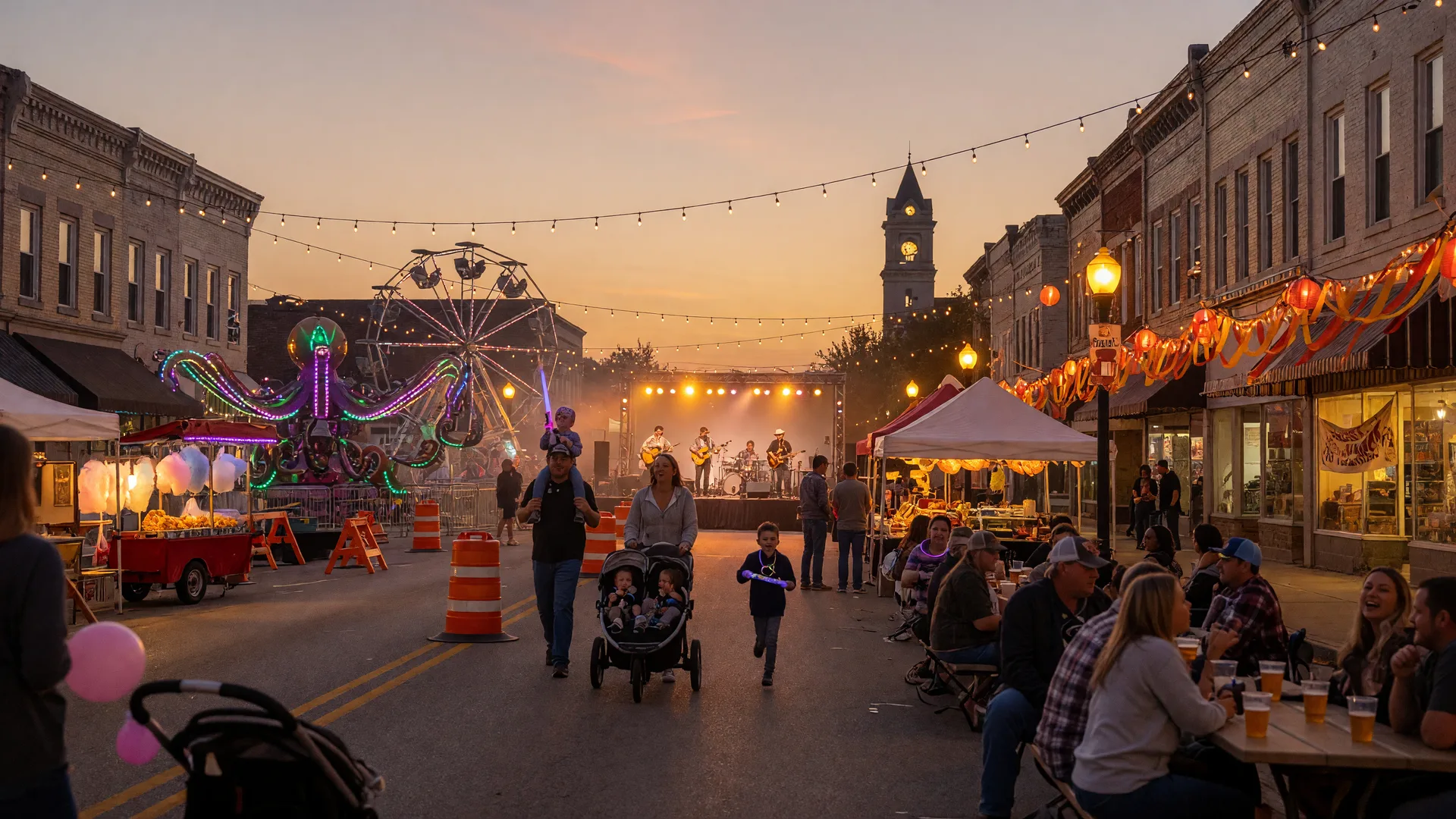 Carnival rides, vendor booths, and a fest-lit beer garden along a downtown Indiana street at dusk