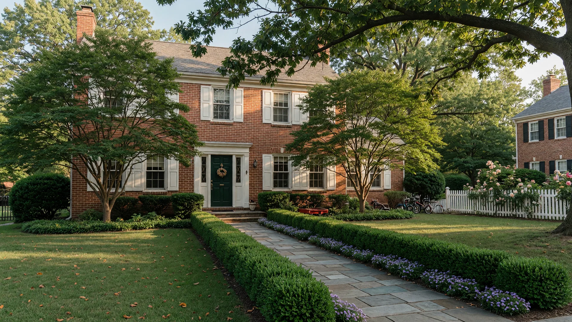 Classic brick colonial home with a flagstone walkway and mature oak trees in a Montgomery County Maryland neighborhood on a warm late-summer afternoon