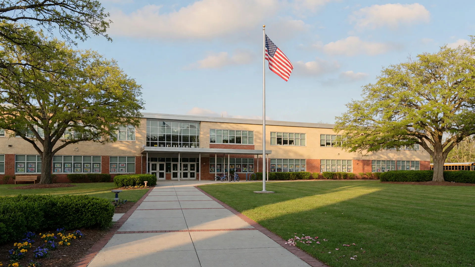 Elementary school in Hampton Roads with American flag and welcoming entrance