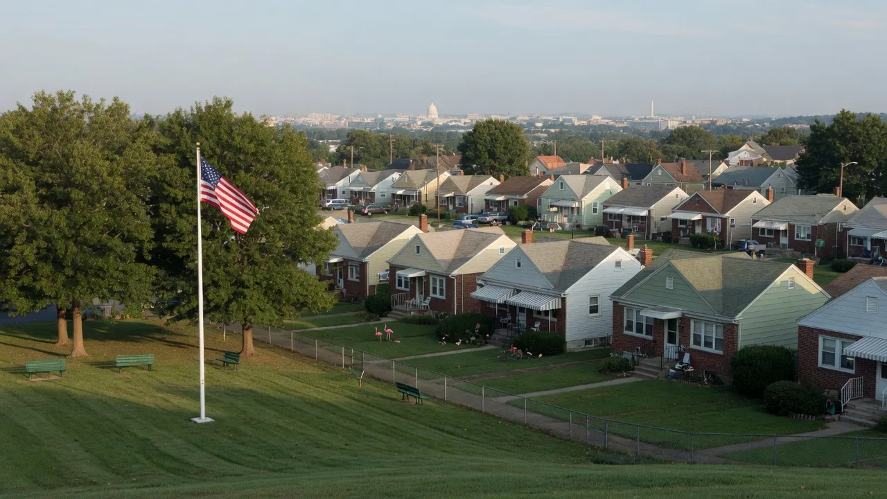 Post-war homes around a community park green in District Heights, Maryland in warm morning light