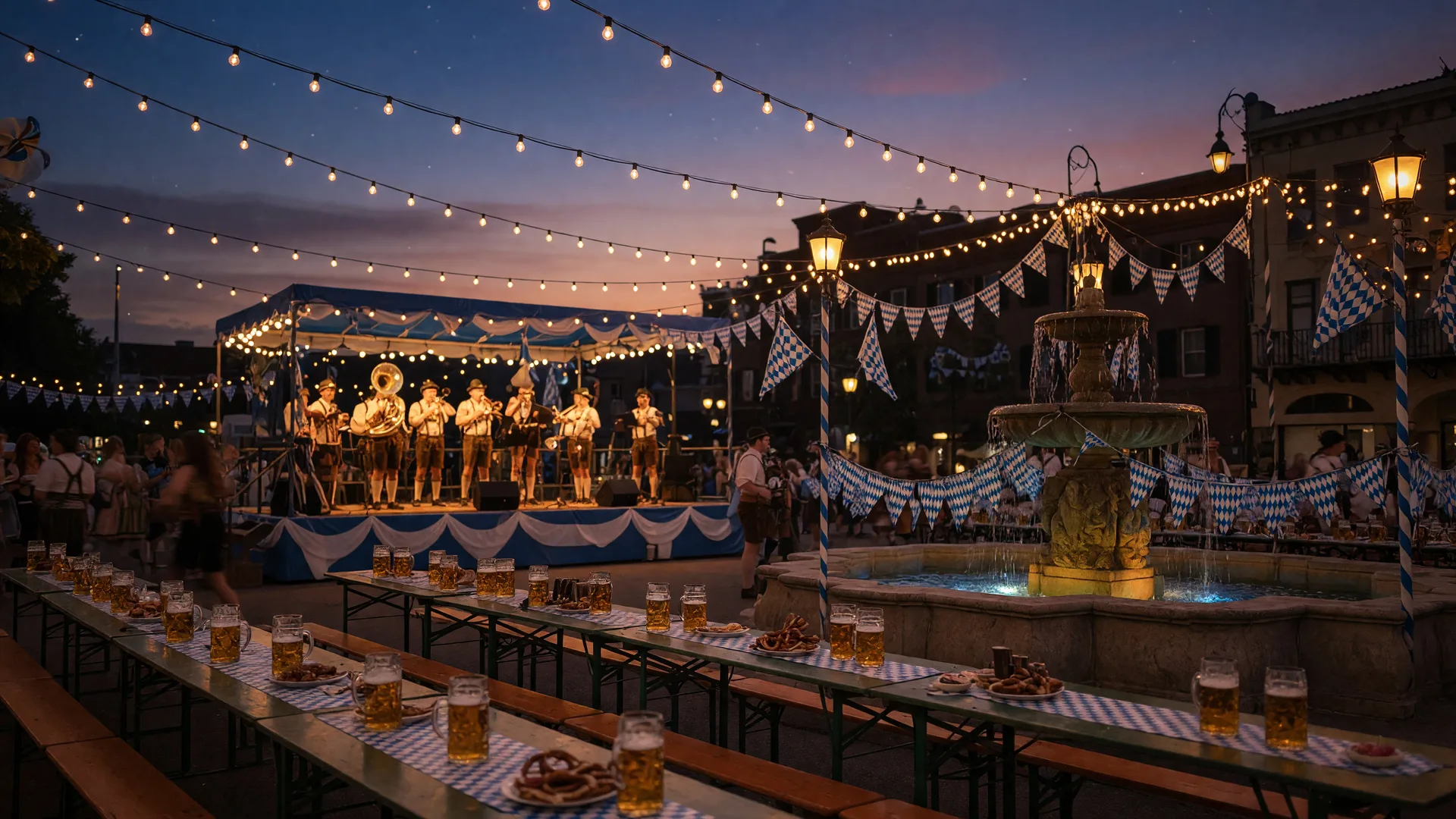 A Bavarian Oktoberfest street festival at dusk at a downtown fountain plaza with string lights, beer garden tables, and an oompah band on stage