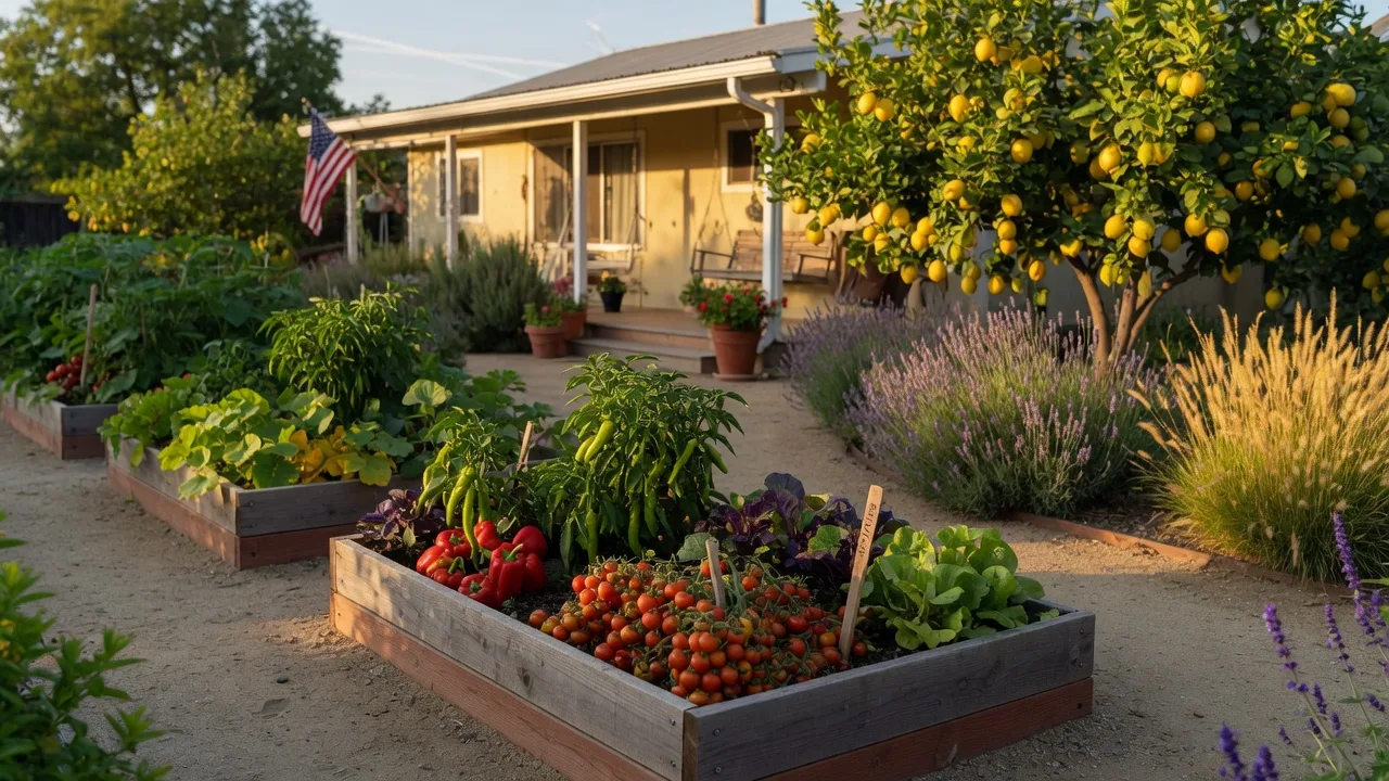Raised vegetable garden beds with tomatoes and peppers, a lemon tree, and lavender in a Sacramento Valley backyard on a summer morning