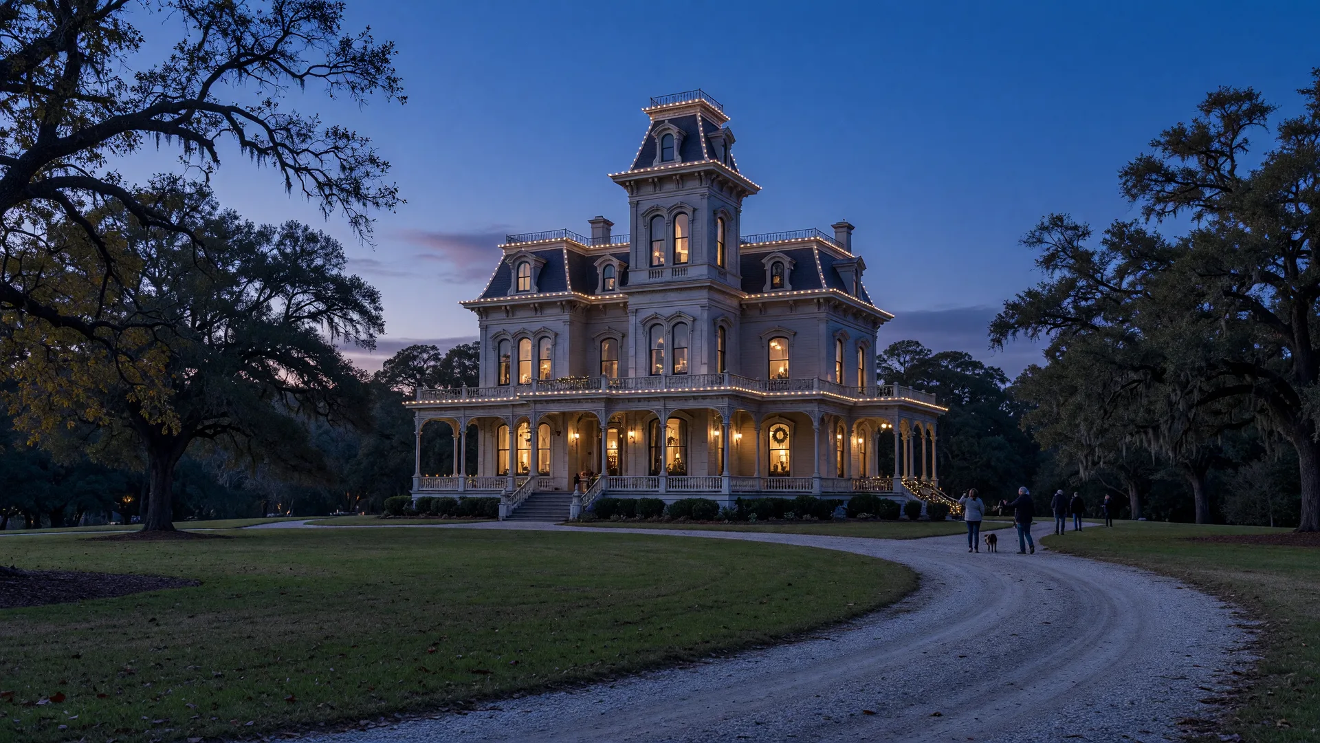 A grand Victorian Italianate mansion on a sweeping East Bay lawn at dusk, outlined in warm white holiday lights with soft light in tall windows and mature oak trees in the foreground