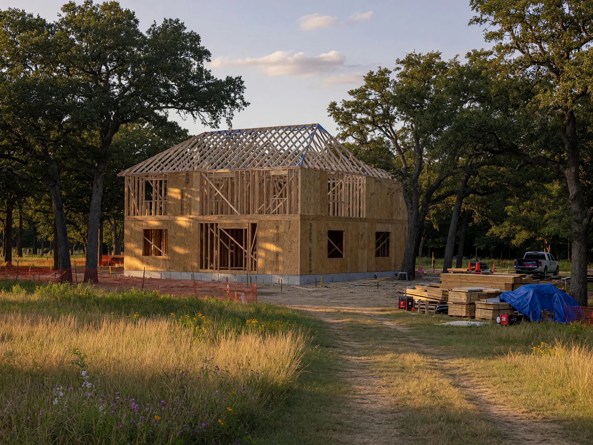 A custom home under construction on a cleared wooded estate lot in the Bartonville, Texas countryside