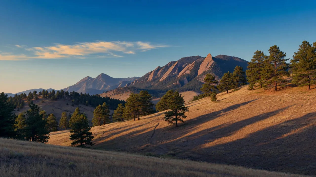 Golden late-summer Colorado foothills near Boulder with ponderosa pines and the Flatirons in the distance
