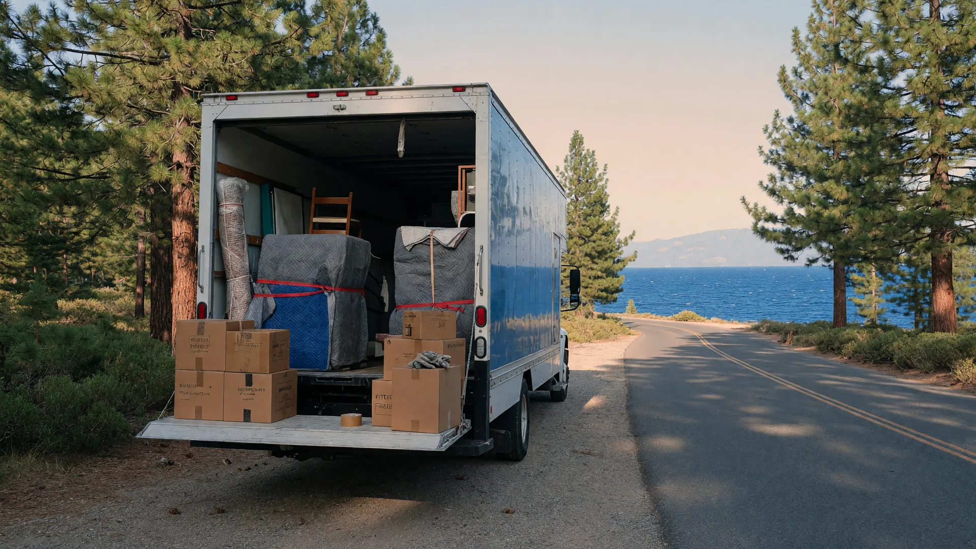 A professional moving truck parked on a pine-lined mountain road near Lake Tahoe with wrapped furniture and boxes on the tailgate and a glimpse of blue lake water beyond the trees.