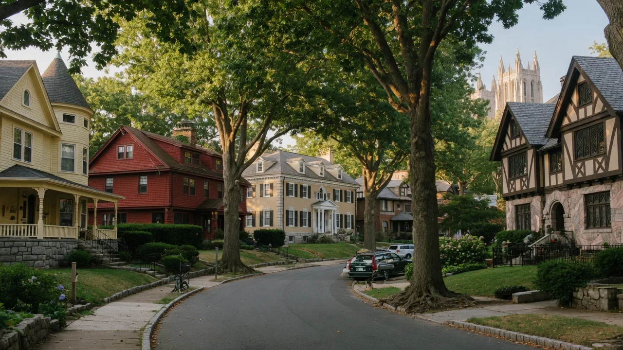 Tree-shaded winding streets in Cleveland Park, Washington, DC