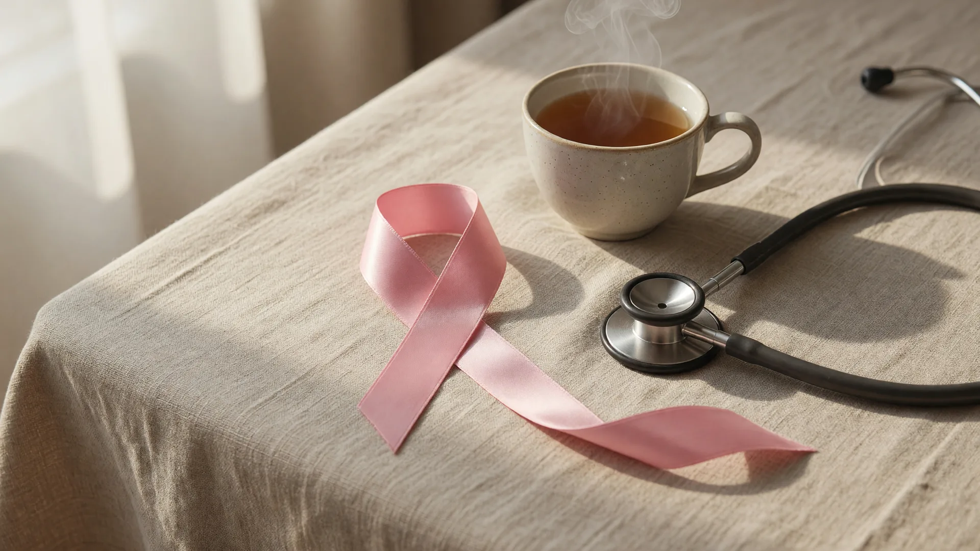 A pink awareness ribbon beside a stethoscope on a warm linen tablecloth