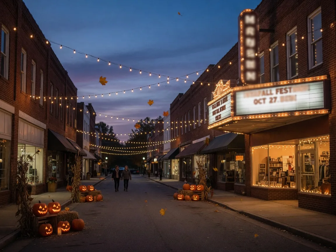 Brick storefronts of downtown Southern Pines glowing with string lights and pumpkins on a late-October evening