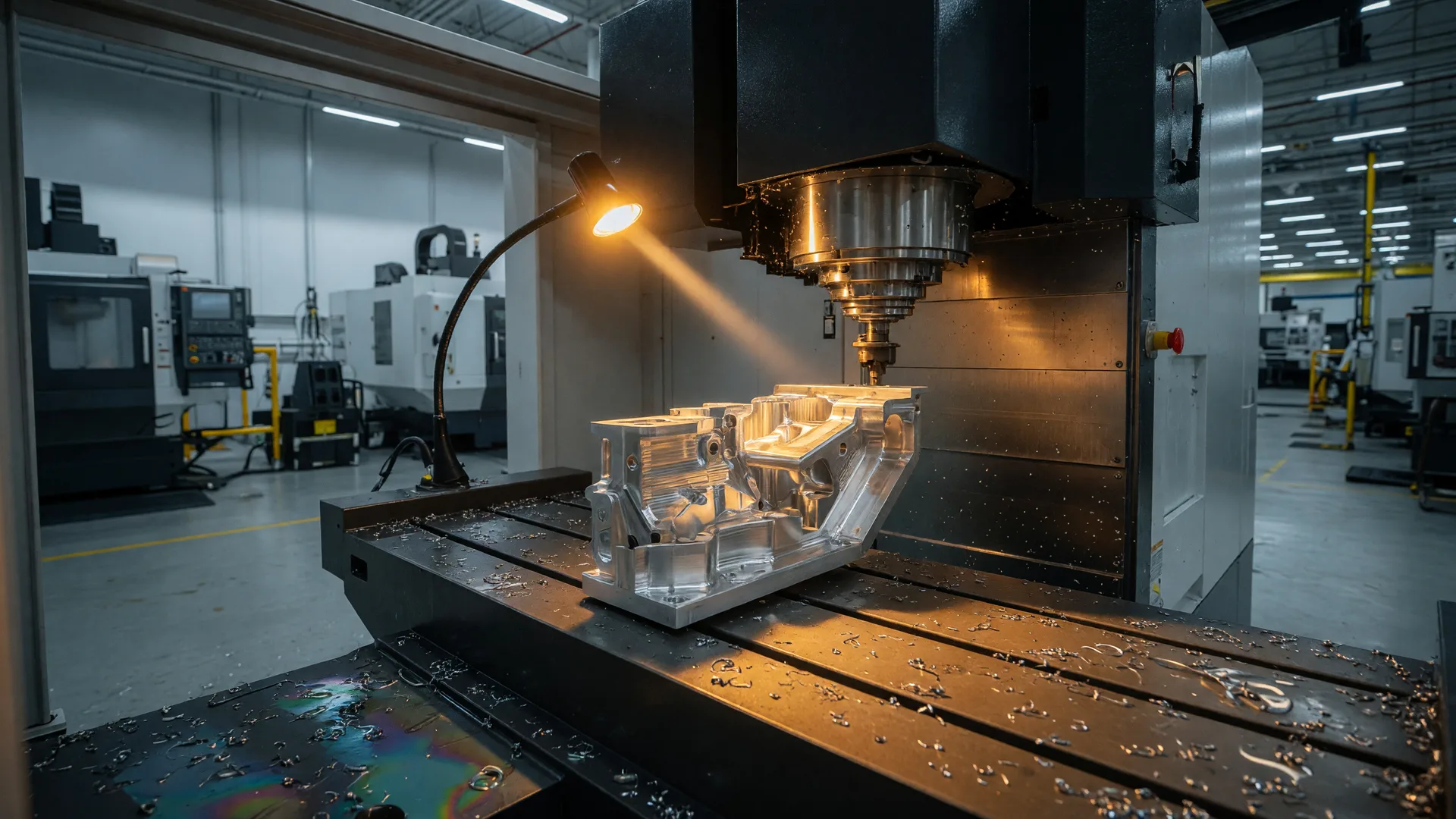 A CNC machining center with a freshly machined metal component in warm light