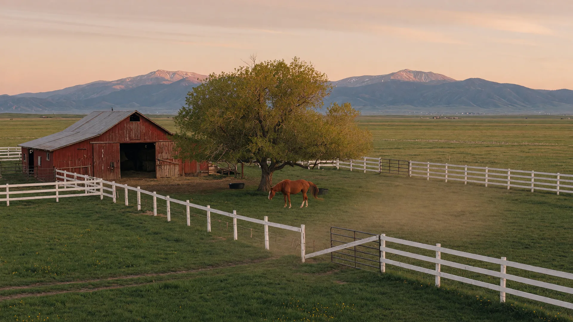 Idaho horse property at golden hour with green pasture and white fencing with the Owyhee Mountains on the horizon