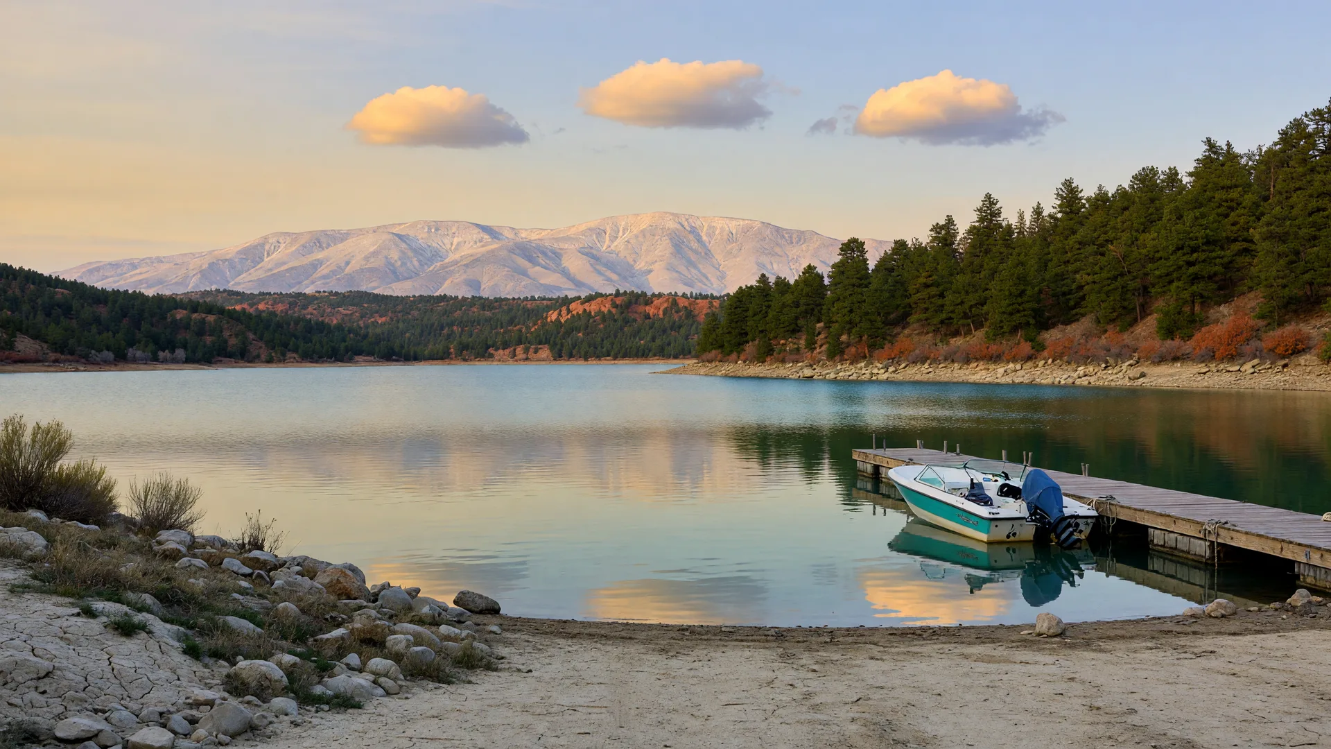 A turquoise high-desert reservoir at golden hour, ringed by pine foothills with a boat moored at the far shore