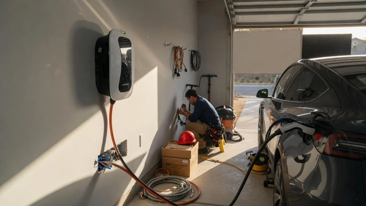 Professional electrician installing a modern EV charger in a residential garage in South Jersey