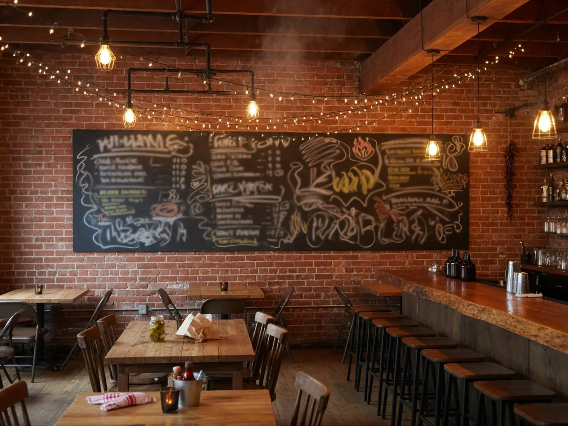 Warm and inviting industrial-chic interior of Saucy's Sit-Down Bar.B.Q. with exposed brick, wooden beams, and string lights