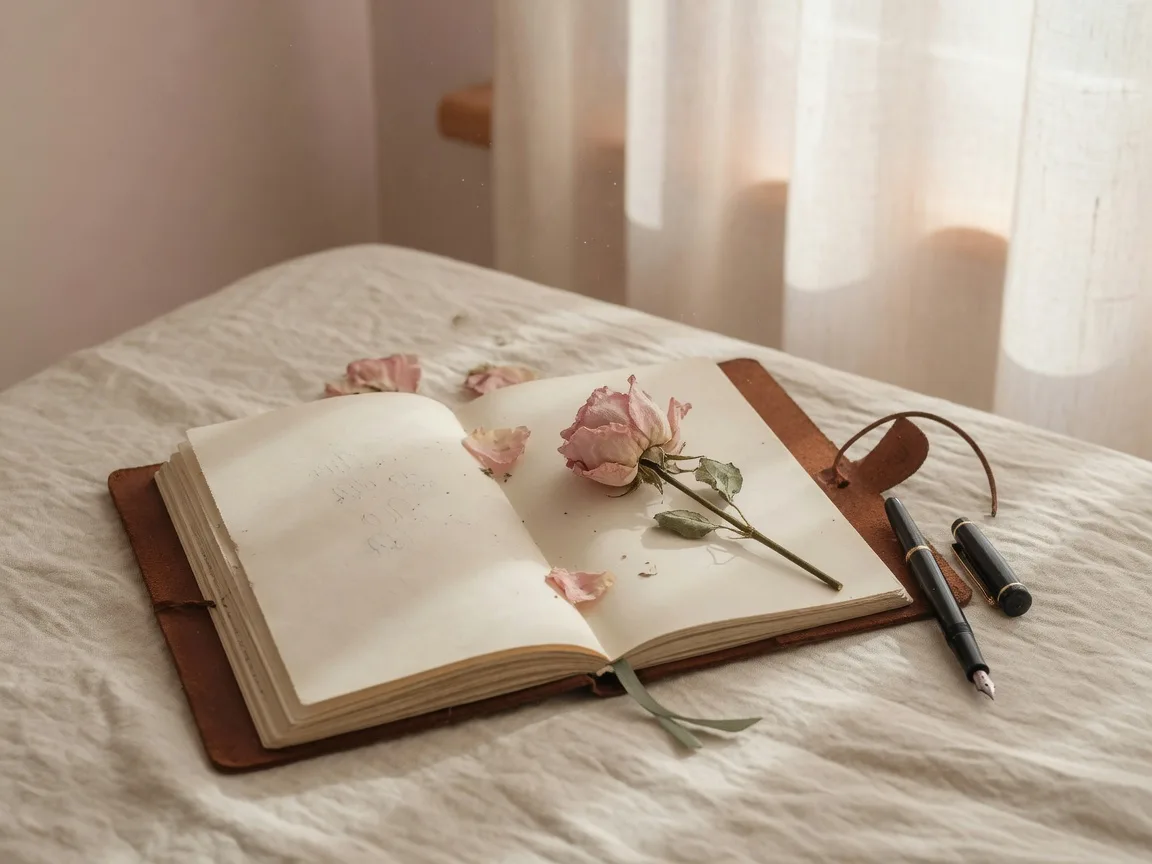 An open leather journal on a cream linen desk with a fountain pen and dried rose, soft morning light