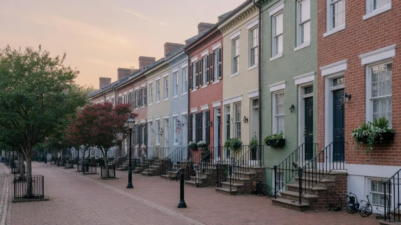 A charming brick rowhouse street in Old Town Alexandria, Virginia