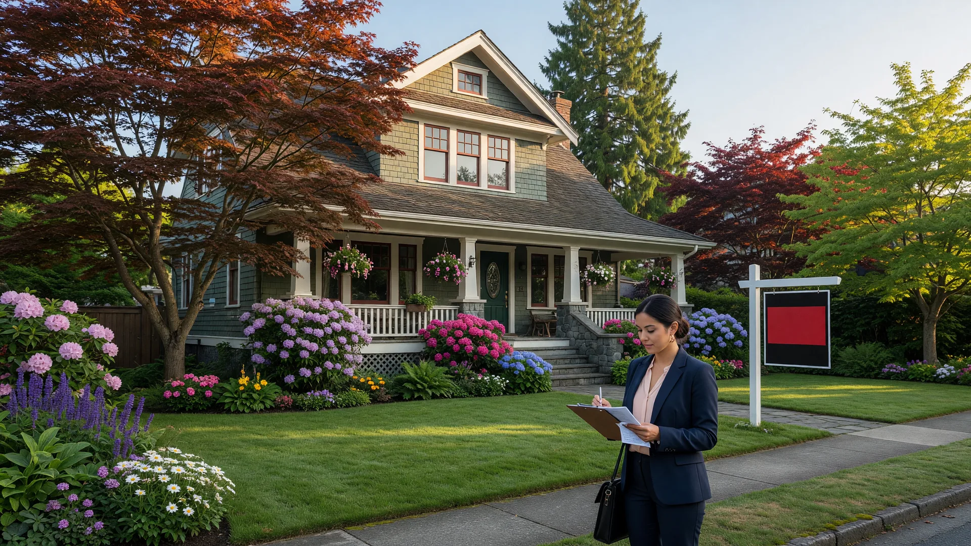 A classic Victoria BC heritage home with a For Sale sign and a real estate agent on the lawn, representing a housing transition