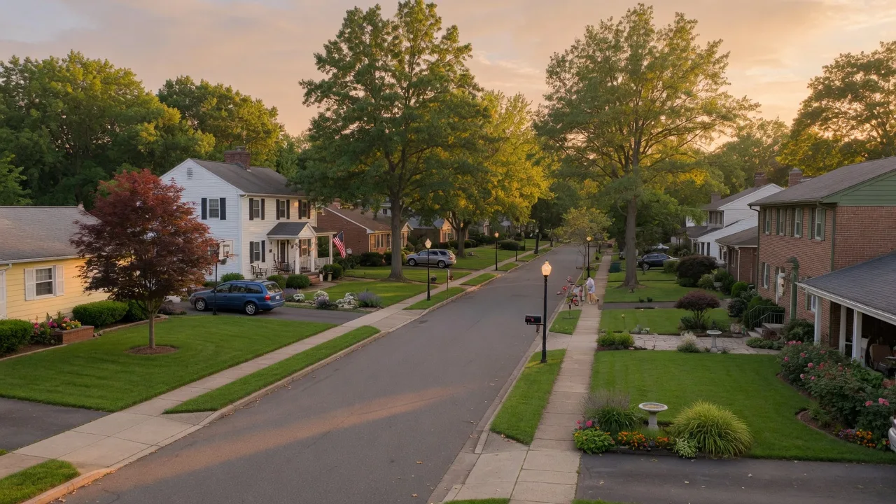 Peaceful suburban street in Edgewater Park, New Jersey with well-maintained homes and mature trees