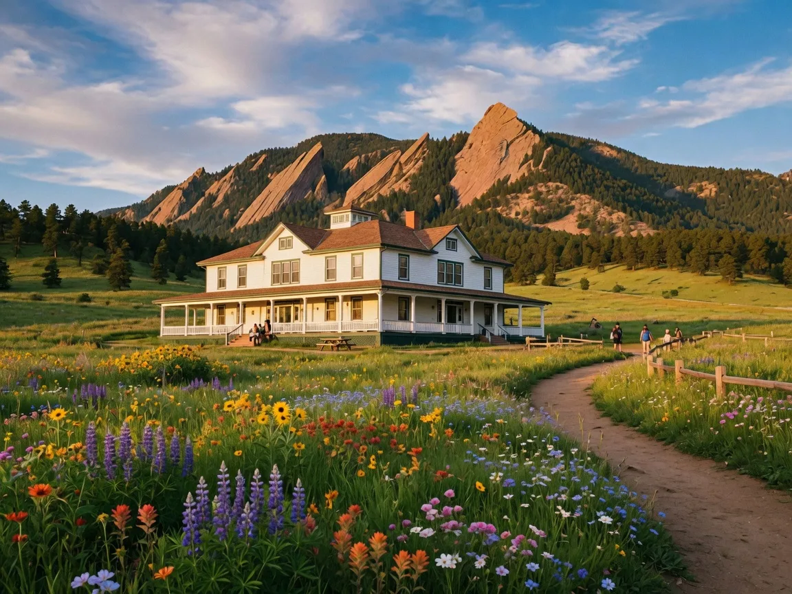 Chautauqua Park with its iconic white dining hall and the Flatirons beyond, near Mapleton Hill