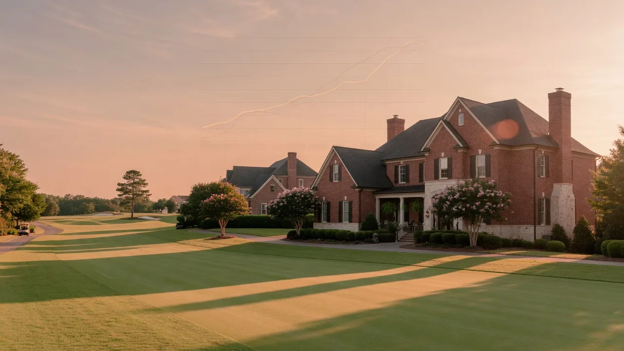 Elegant brick-and-stone home in a Georgia golf course community at golden hour with an interest-rate chart softly overlaid in the sky, representing the Fed's September 2026 rate hike and its effect on home buyers