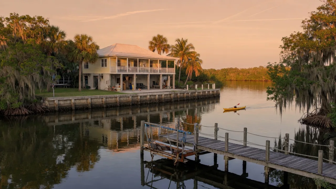 A New Port Richey, Florida waterfront home raised on concrete pilings above the calm Cotee River at golden hour, with a private wooden dock, a boat lift, a lone kayak on the still water, and live oaks draped in Spanish moss
