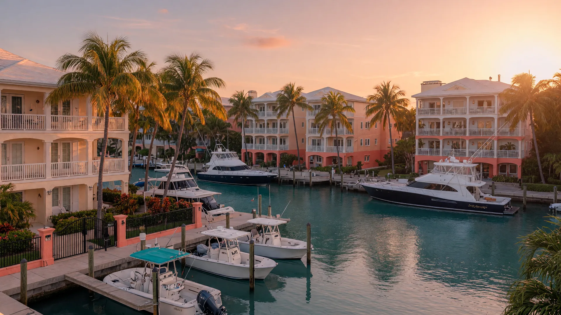 A luxury gated oceanside condo community in the Florida Keys at golden hour, elegant resort-style buildings among palm trees with a private deep-water marina of yachts moored at concrete docks in calm turquoise water