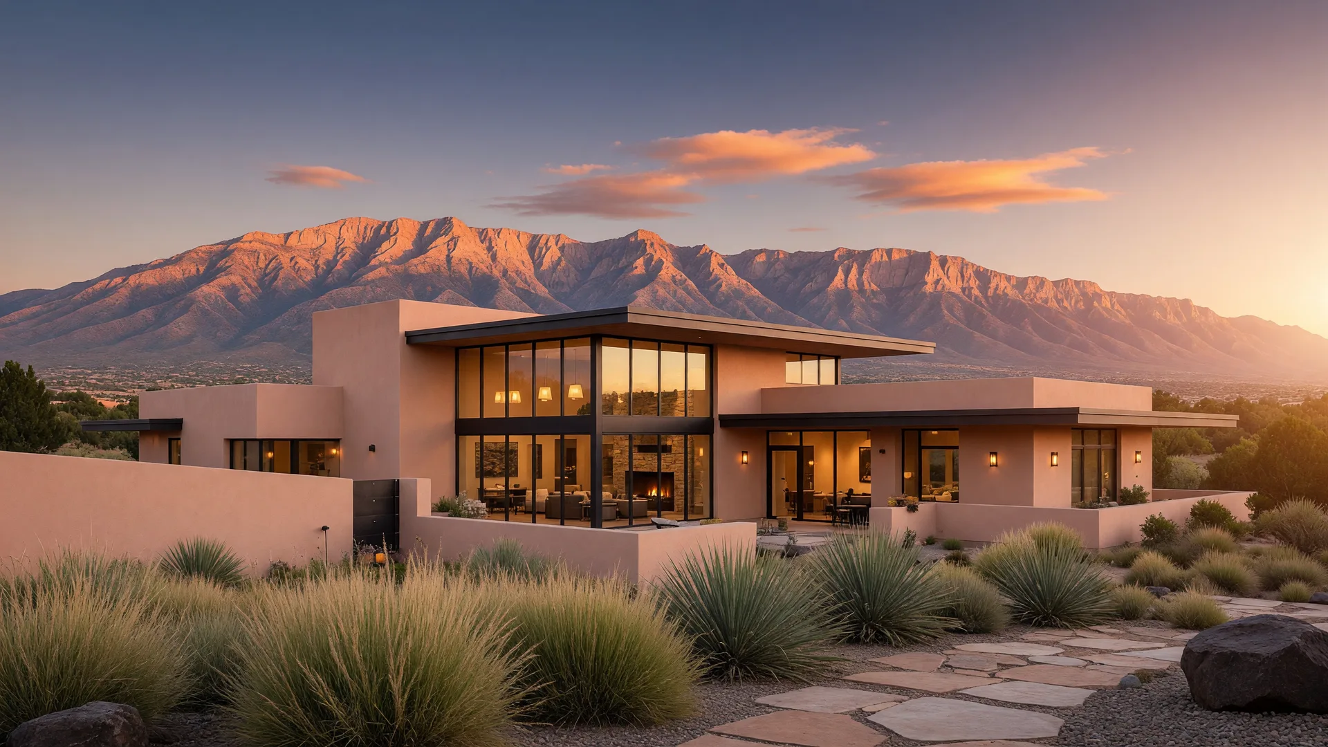 A contemporary Southwestern luxury home in the Albuquerque foothills at golden hour with the Sandia Mountains behind