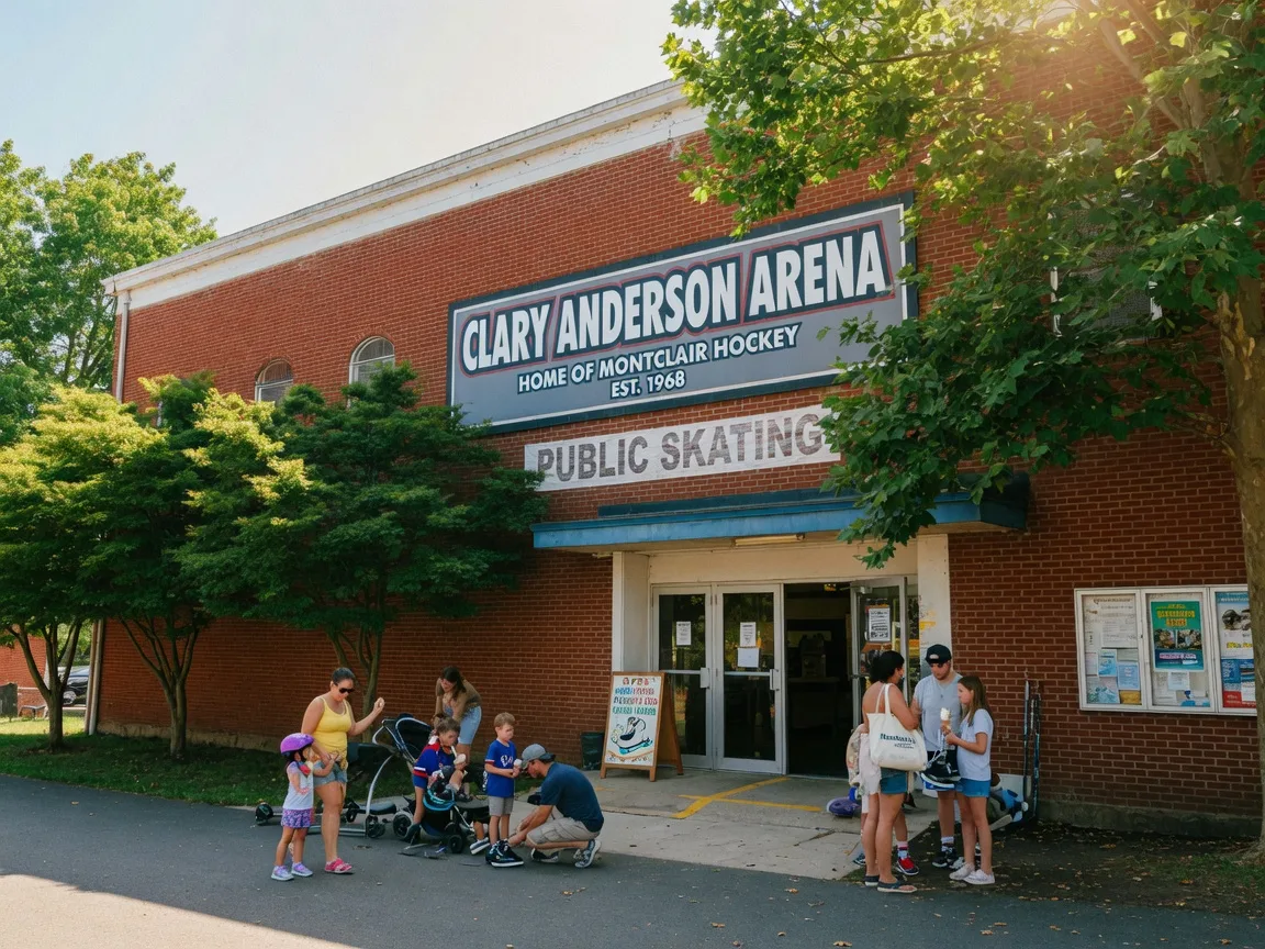 Historic brick Clary Anderson Arena ice rink building in Montclair NJ with families near the entrance on a sunny summer afternoon