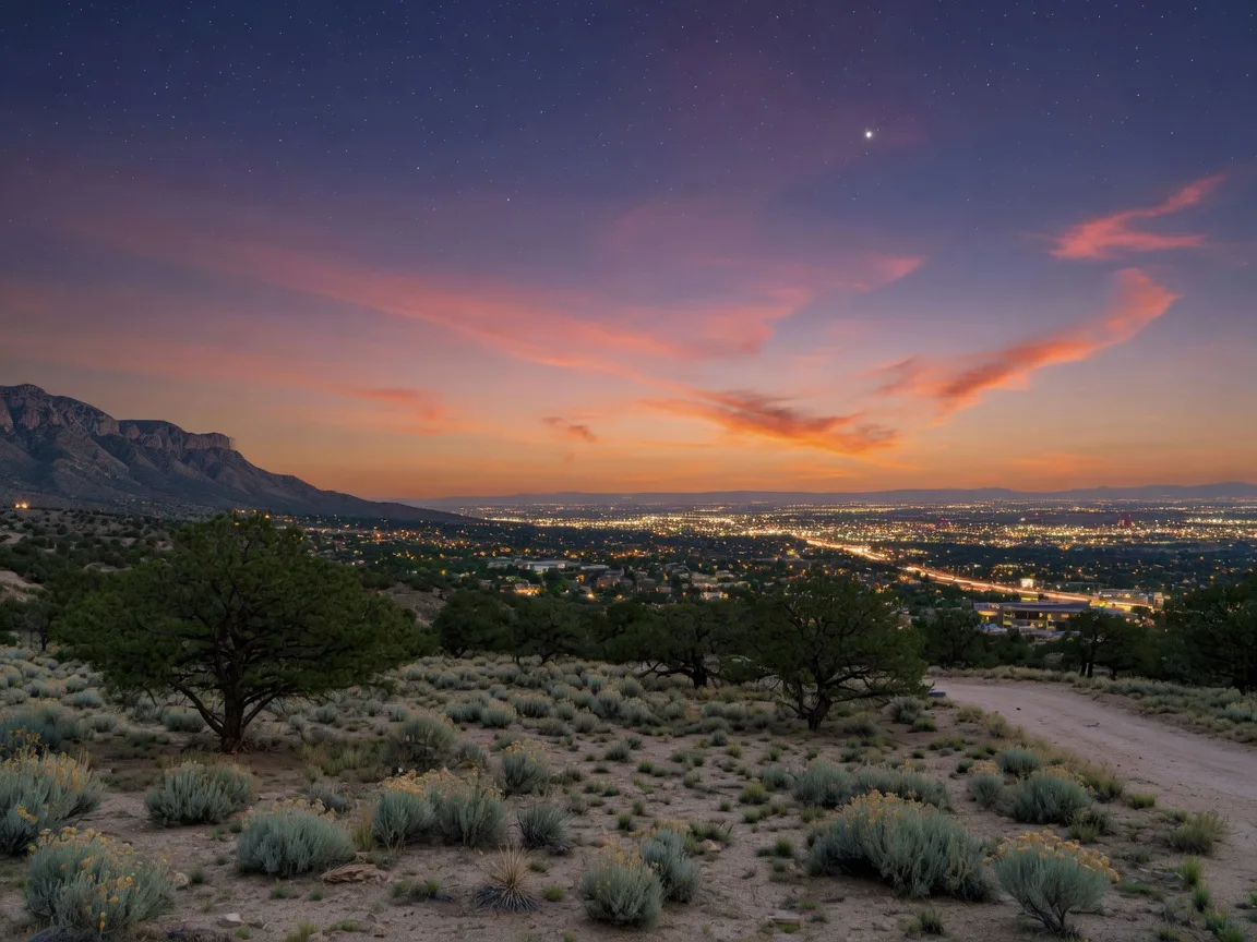 An open foothills view lot in Albuquerque at dusk, with chamisa and piñon in the foreground and the lights of the valley stretching west to the horizon
