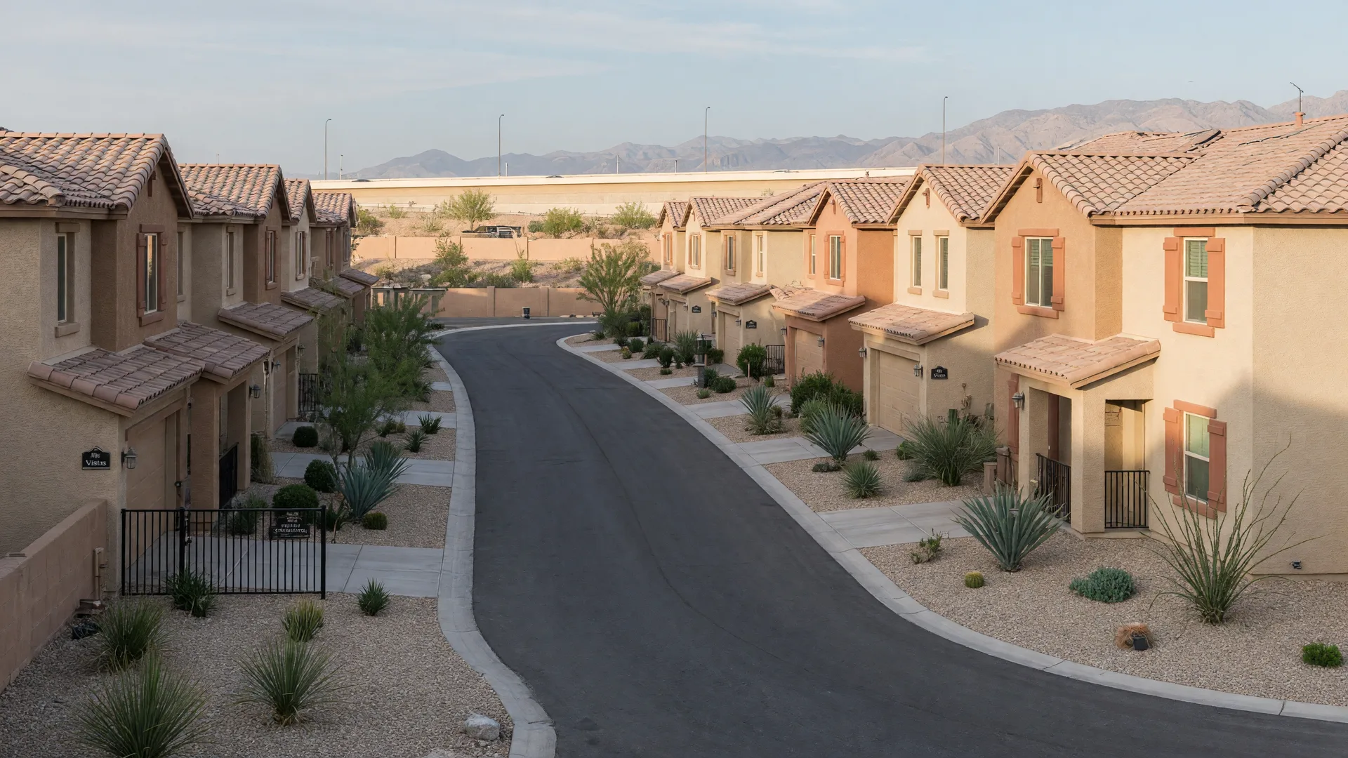 Single-story stucco townhomes with tile roofs and desert landscaping along a private drive in a gated Summerlin community