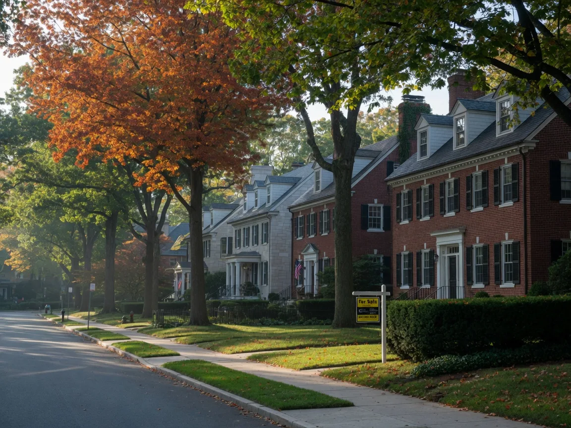 Stately brick and stone colonial homes on a leafy residential street in Chevy Chase, Maryland on an October morning, golden autumn trees over the rooflines, and a real estate sign in one front yard