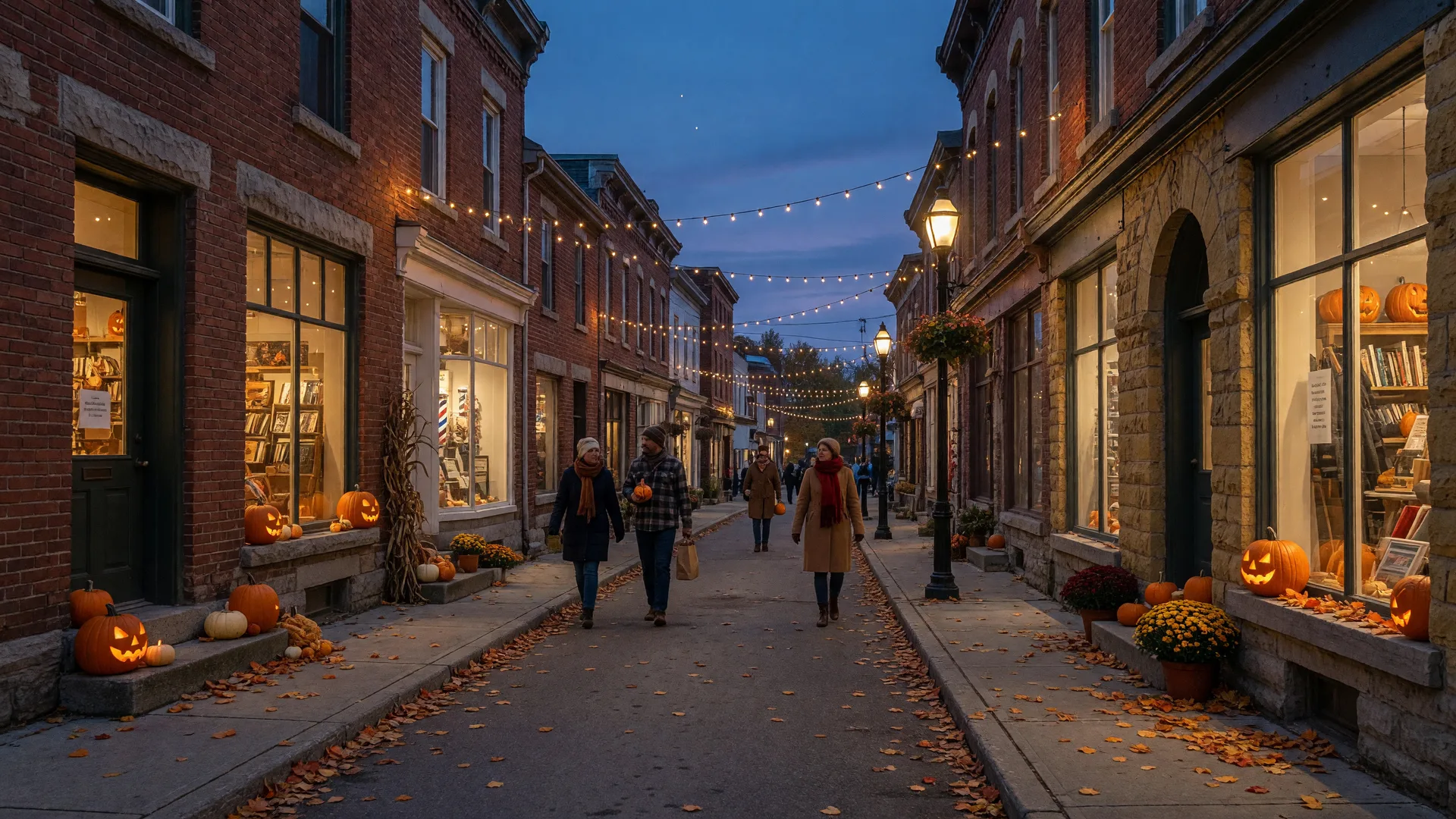 A small-town Ontario main street on a late October evening with carved jack-o'-lanterns, warm shop windows and string lights, evoking Halloween weekend on Queen Street in Port Perry