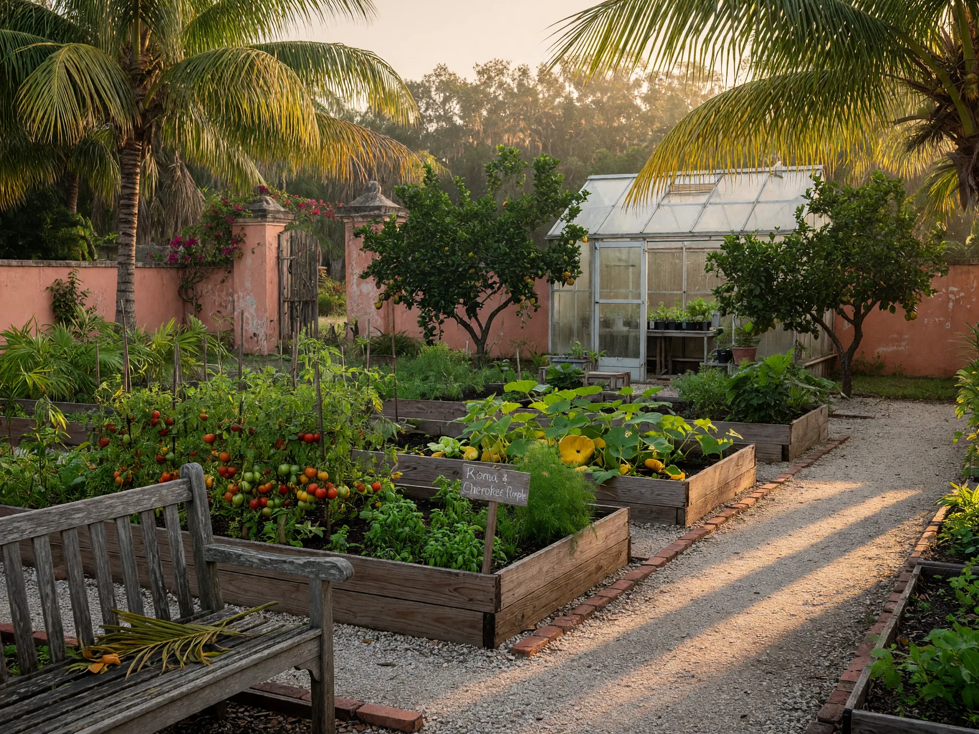Lush organic garden at Shangri-La Springs in Bonita Springs, Florida with raised beds of tomatoes, herbs, and squash, citrus trees, and an old wooden bench in soft morning light