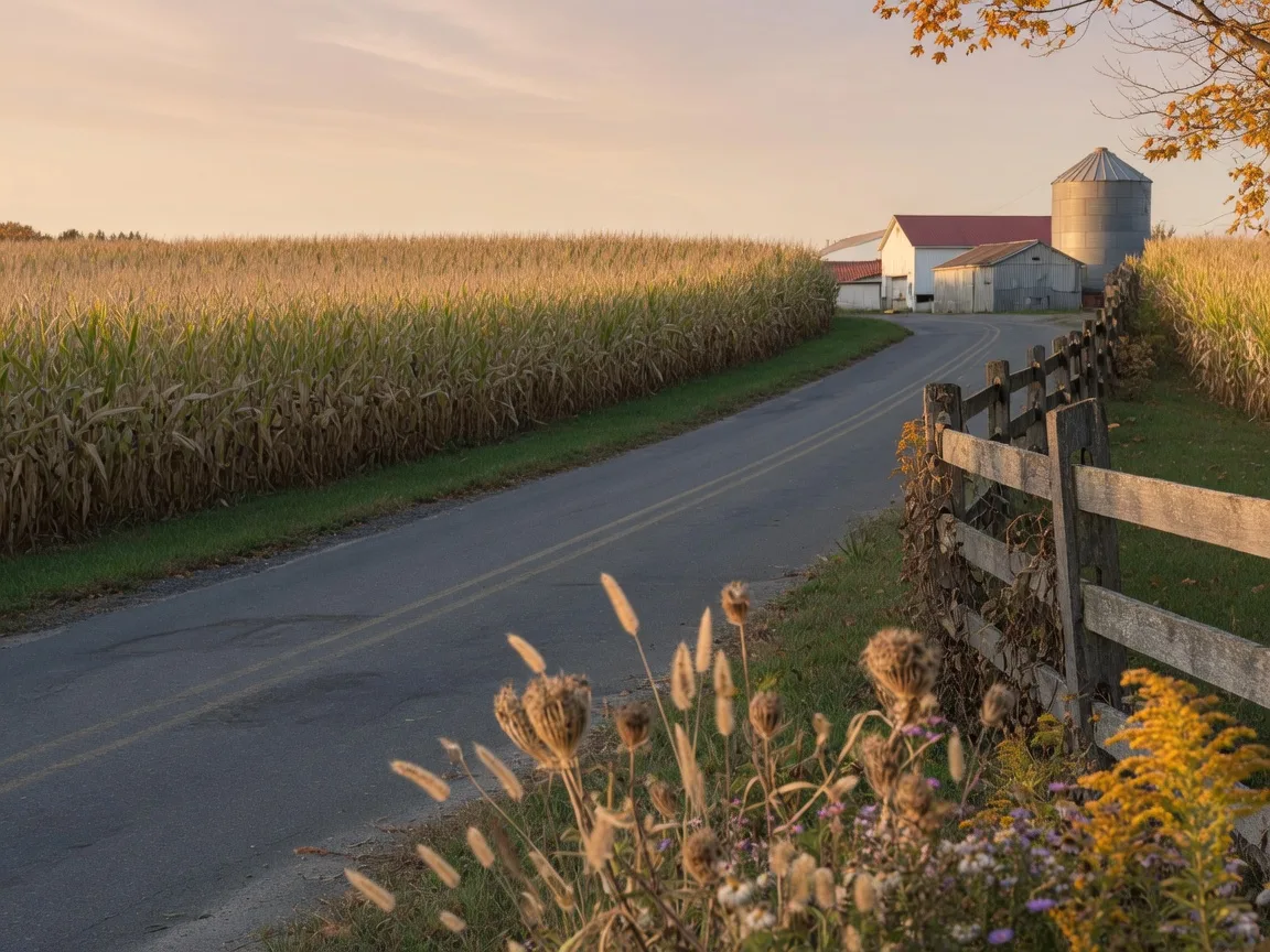 A quiet country lane, cornfield, and farm outbuildings in North Hanover Township, Burlington County, New Jersey