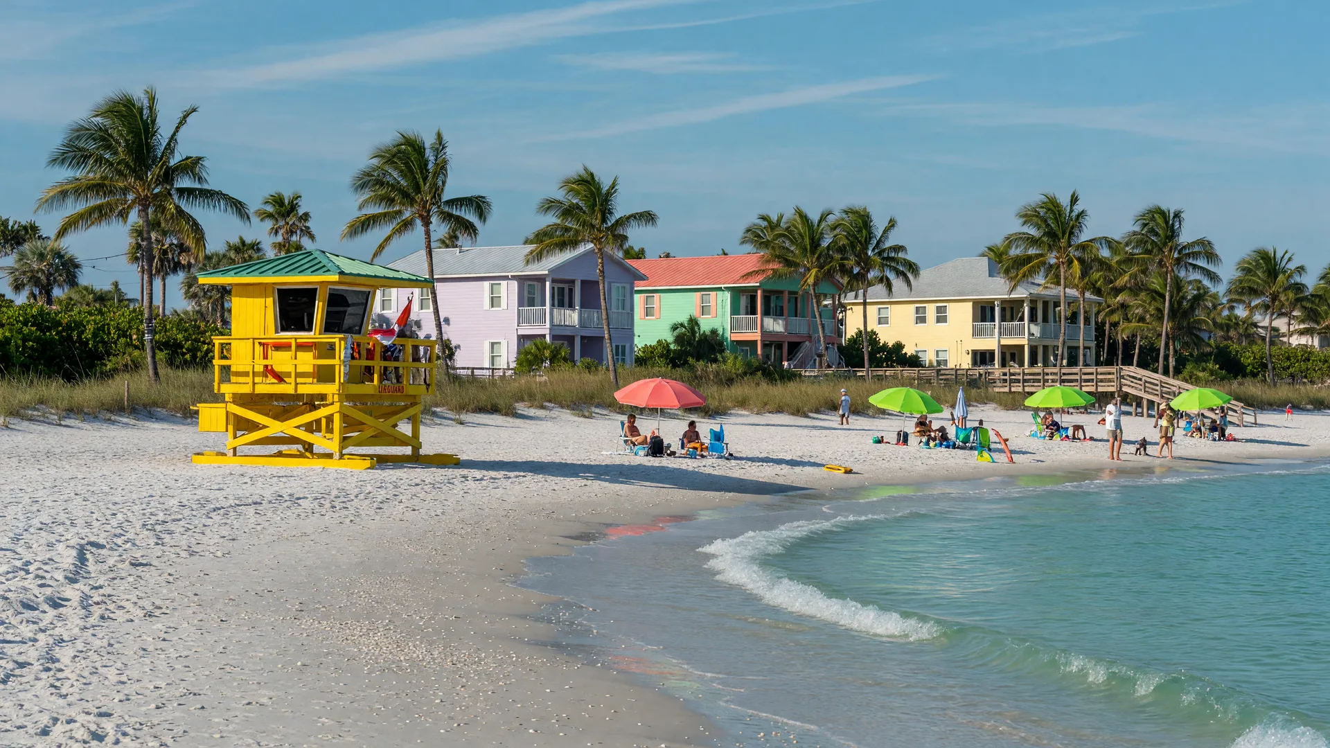 Coquina Beach on Anna Maria Island with white sand, turquoise Gulf water, a yellow lifeguard tower, and pastel beach cottages behind the dunes