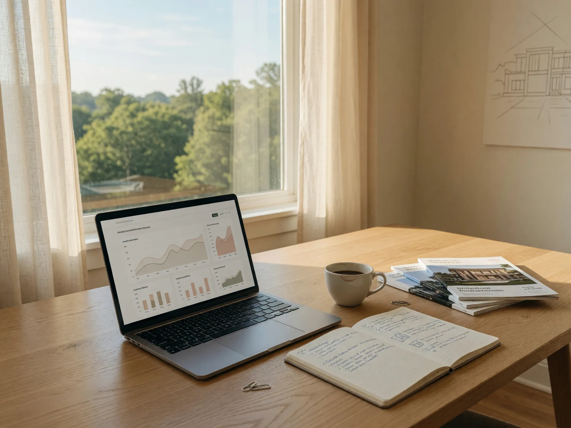 A bright brokerage desk with a laptop, notebook, coffee, and marketing brochures beside a sunny window
