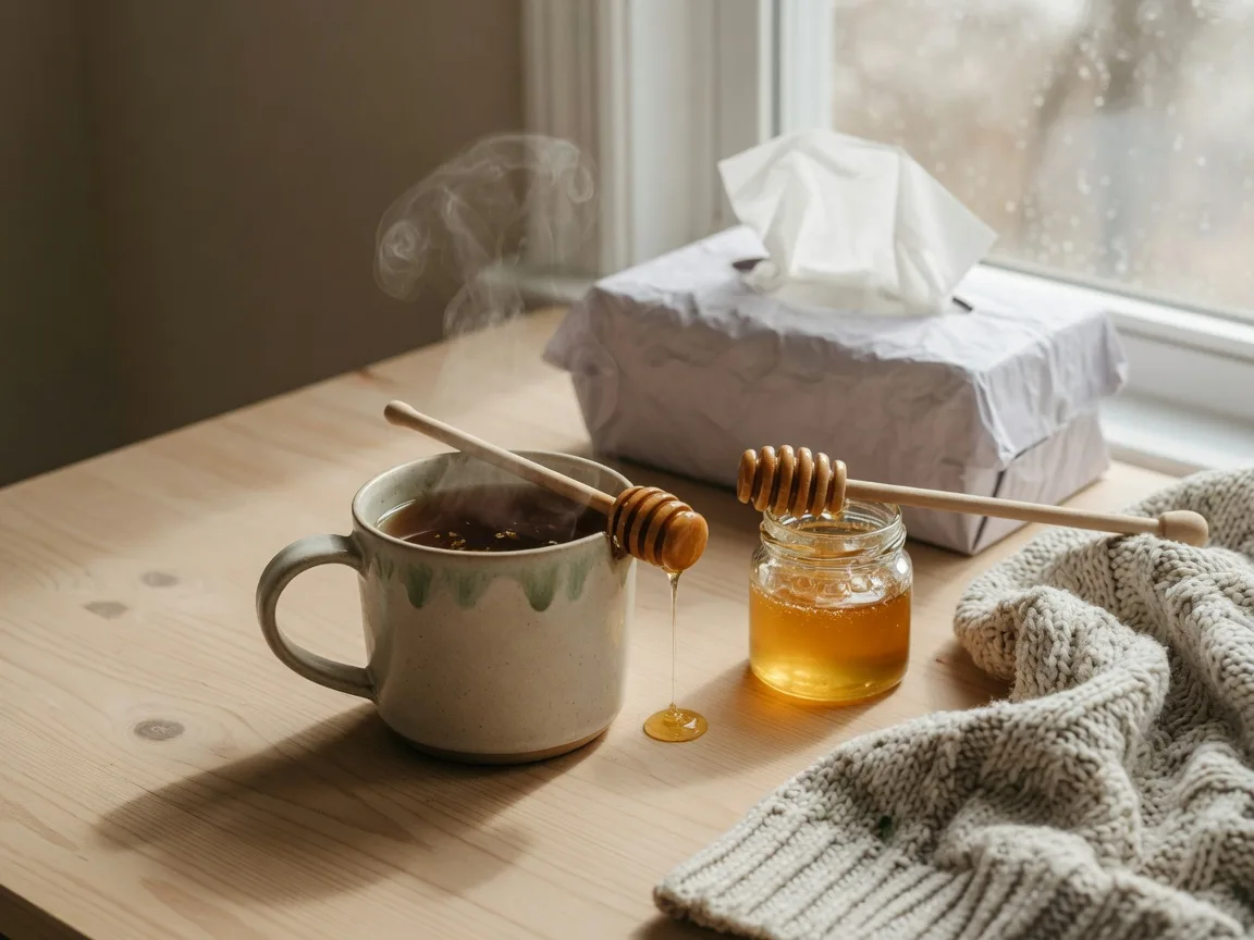 A steaming mug of tea, tissues, and a honey jar on a wooden table by a window